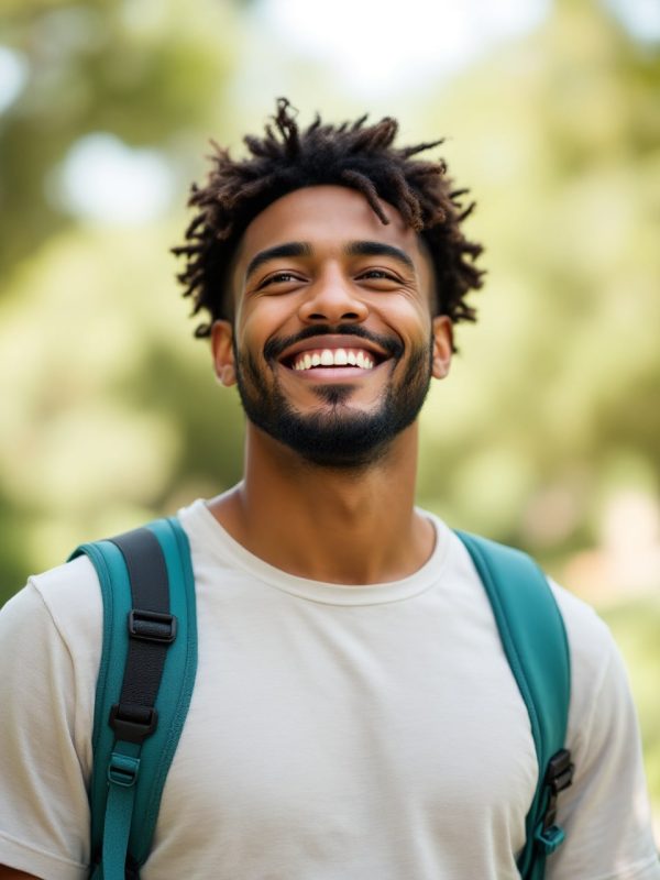 reduce-fear-limitations-personal-growth. A smiling man with a backpack outdoors, representing confidence and freedom after overcoming limitations.
