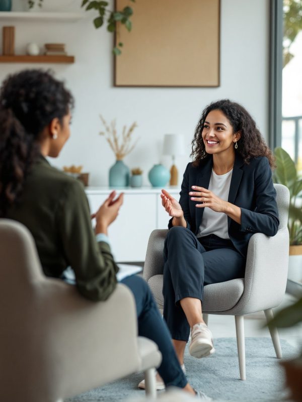 A professional hypnotherapist engaging in a friendly consultation with a client in a modern office.