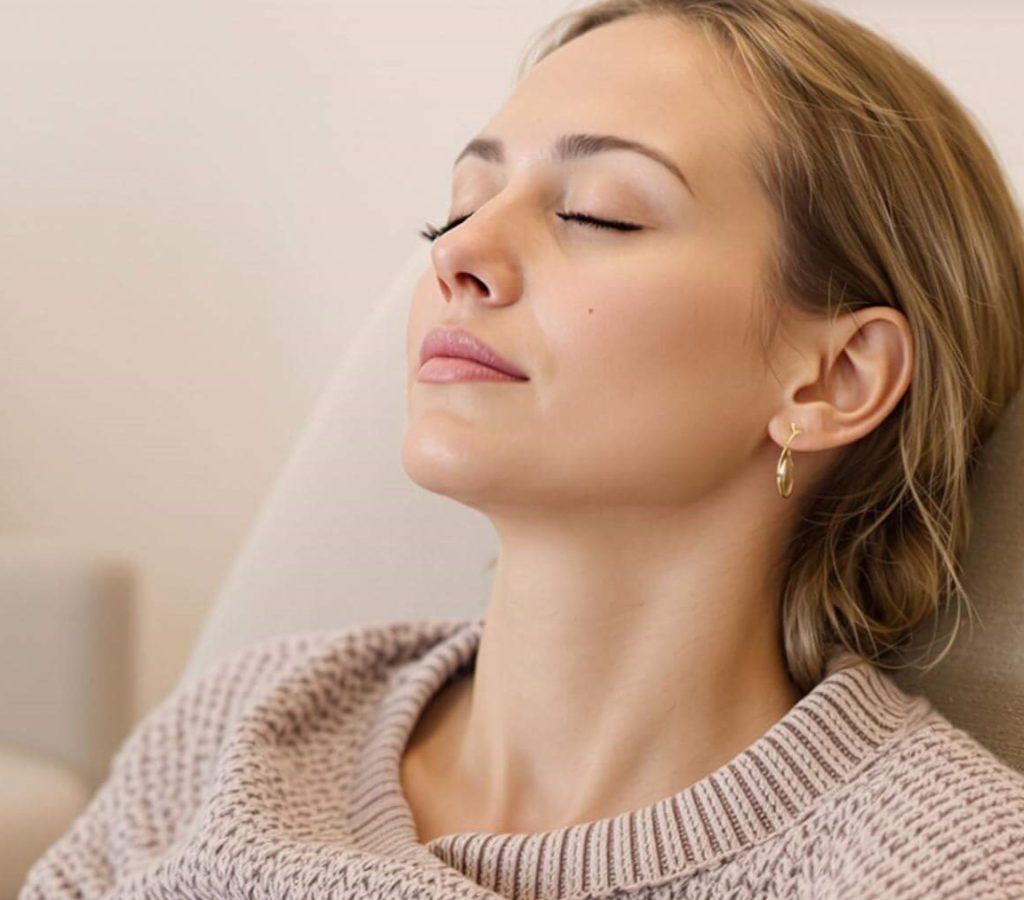 sleep-hypnotherapy-relaxation (1) Client relaxing during a sleep hypnotherapy session.