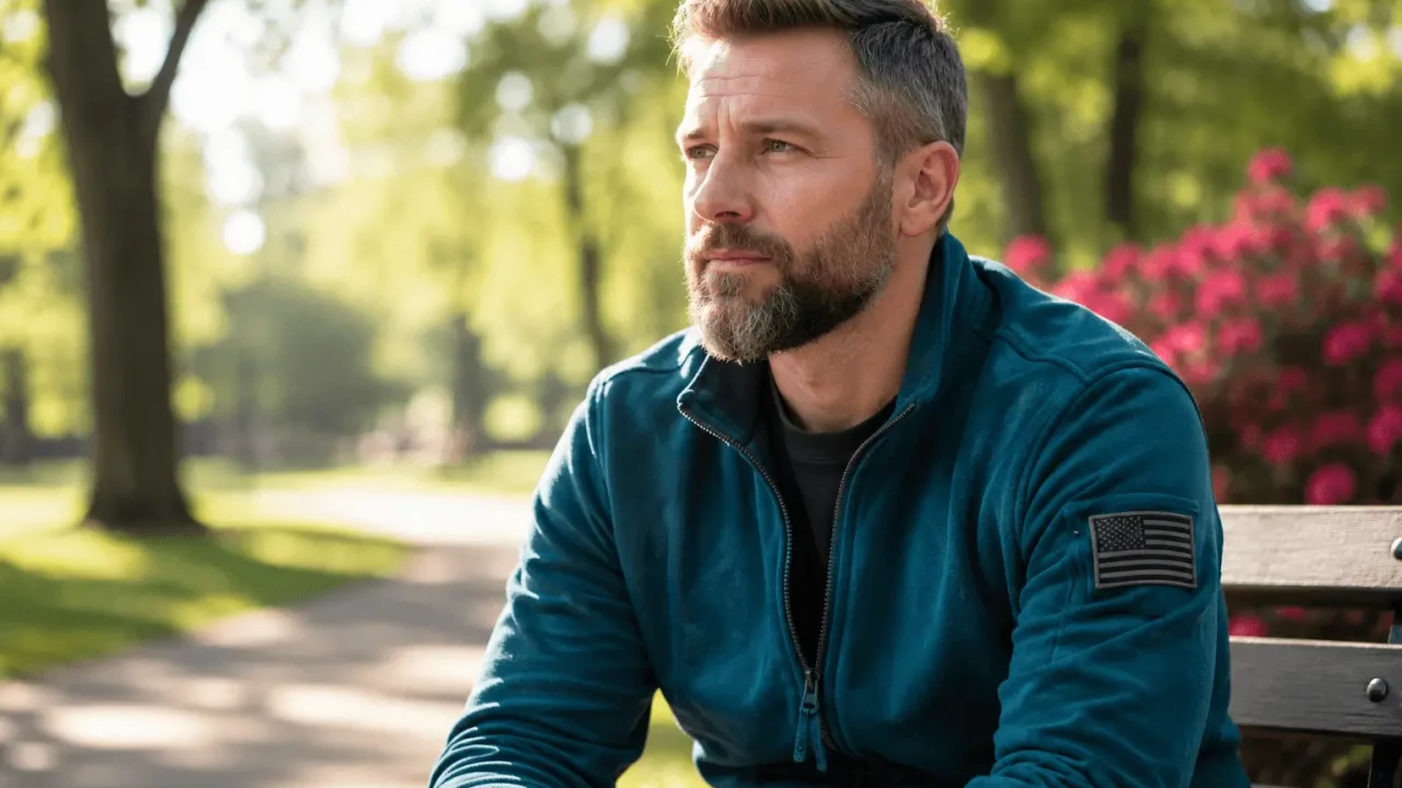 veteran-reflecting-ptsd-hypnotherapy Man with short hair and beard sitting on a park bench, wearing a teal zip-up jacket with a U.S. flag patch, gazing thoughtfully to the side amid sunny greenery.